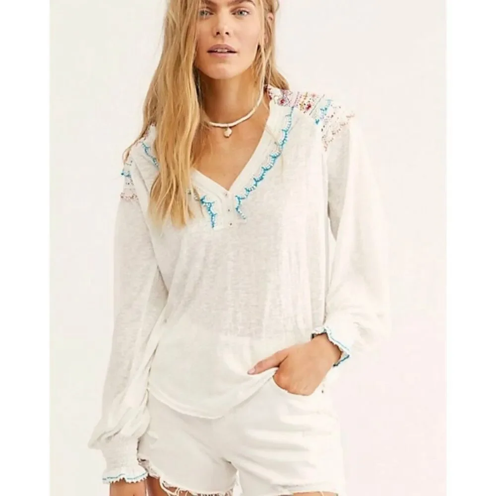 Free People White Siesta crochet embroidered colorful boho blouse small